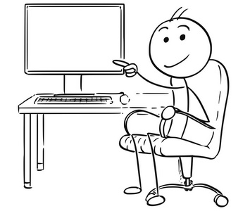 矢量粘人卡通的男子指着空电脑屏幕