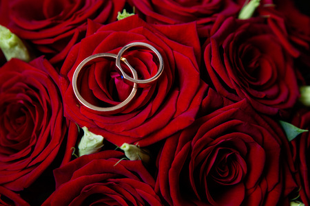 优雅的结婚戒指和红玫瑰