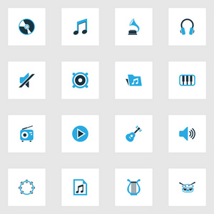 多媒体彩色图标设置。播放列表 说明 静音和其他元素的集合。此外包括符号，如击鼓，玩耍，文书