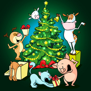 农场动物庆祝圣诞节树下矢量图