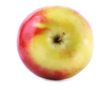 一个完美的红 黄苹果，孤立在白色背景上的特写镜头。多汁 营养 美味 明亮的水果。甜蜜夏日水果