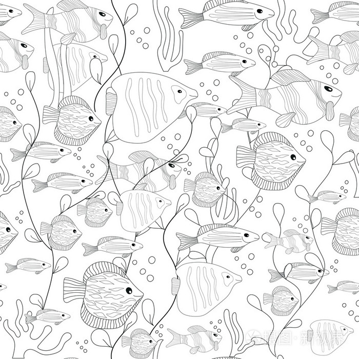 手绘水墨背景与很多鱼在水中