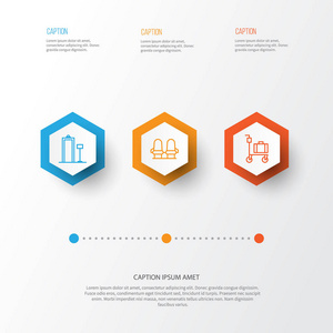 机场的图标集。行李手推车 扶手椅 安全扫描程序和其他元素的集合。此外包括安全 扫描仪 手推车等符号