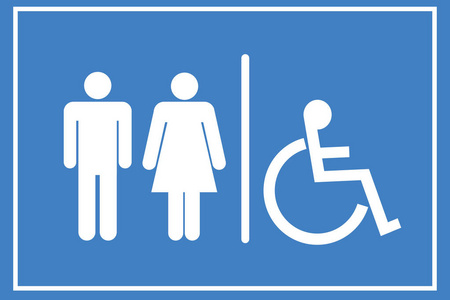 洗手间矢量图标。花柱是平圆的 wc 符号, 白色, 圆角, 蓝色背景。洗手间插图包括女士和绅士数字和残疾人