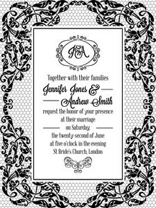 绫在黑色和白色的婚礼邀请维多利亚精致框架设计。花被漩涡会标头巴洛克风格元素