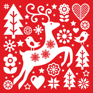 白色圣诞节斯堪的纳维亚民间美术研究红 驯鹿 鸟和花的装饰或问候卡