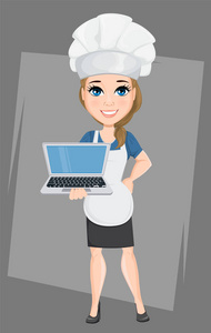 笔记本电脑的厨师女人。可爱的卡通人物厨师。矢量图。Eps10