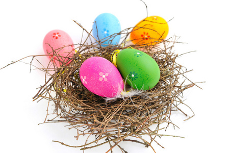 复活节彩蛋在白色背景上的巢里