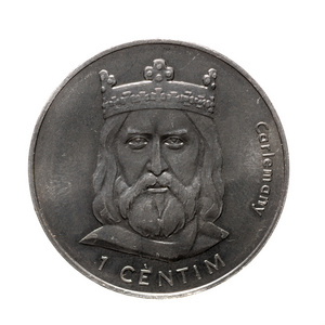 金属硬币孤立在白色背景上的一文钱安道尔照片