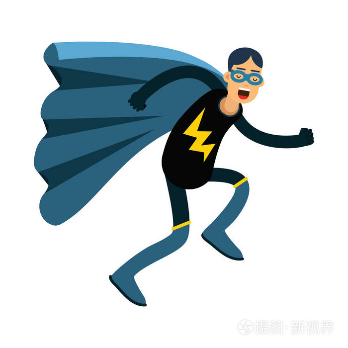 年轻蒙面超人服装和运行矢量图的蓝色披风的人