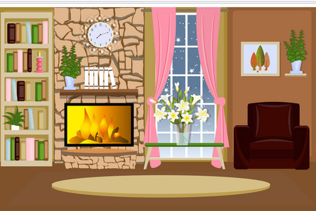带壁炉的舒适房间.家里的家具.卡通.矢量照片