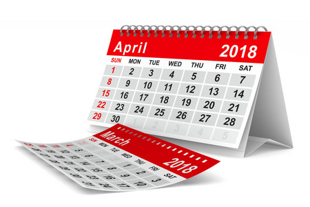 2018 年的日历。4 月。孤立的 3d 图