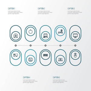 计算机大纲图标集。打印机 显示器 调制解调器和其他元素的集合。此外包括摄像头 键盘 电源等符号