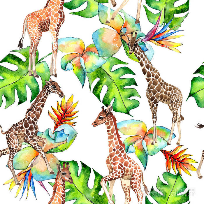 充满异国情调的长颈鹿野生动物纹样在水彩风格