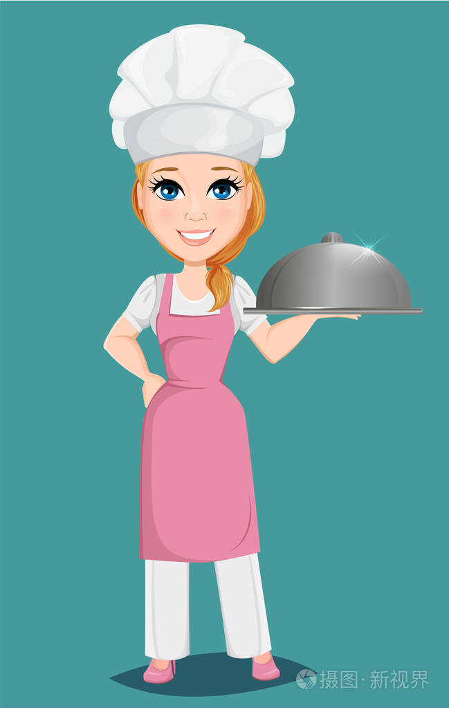 厨师女人在粉红色的围裙和厨师帽子,拿着餐厅克洛什