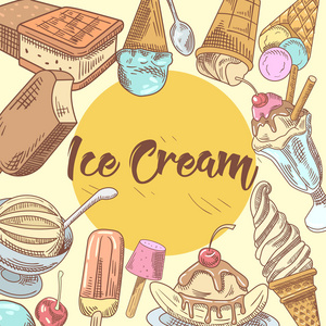 冰激淋手绘菜单设计与冷甜点 水果和巧克力 视锥细胞和华夫饼。矢量图