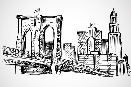 手工绘制的布鲁克林大桥和建筑物