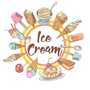 冰淇淋和巧克力和水果冷甜点手工绘制背景。视锥细胞和华夫饼。矢量图