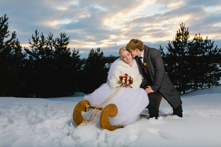 新娘与新郎同大的木制雪橇