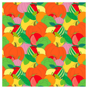 无缝的水果和蔬菜的背景。明亮的西瓜 黄瓜 苹果 番茄 柠檬 洋葱 南瓜 黄橙色的股票矢量图