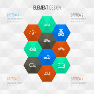 汽车大纲图标设置。阀盖 蓄能器 卡车和其他元素的集合。此外包括计数器 敞蓬车 移动器符号