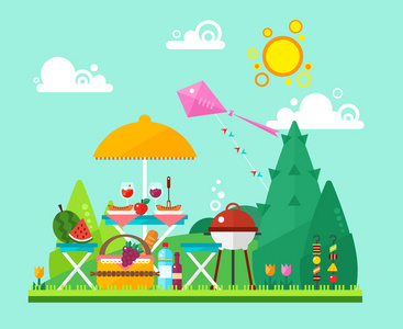 平坦的夏季野餐景观带食物水果的伞篮