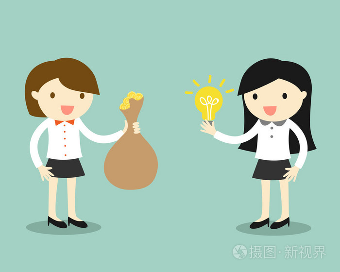 经营理念,两个商业妇女给思想和金钱交换.矢量图