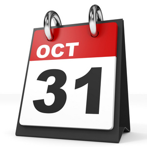 白色背景上的日历。10 月 31 日