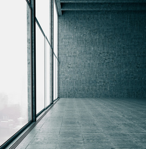 在办公室和混凝土墙上的全景窗户照片