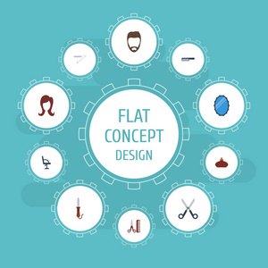 平面图标看玻璃 肘的椅子 理发师和其他向量元素。车间平面图标符号集还包括家具，剃刀，剪刀对象