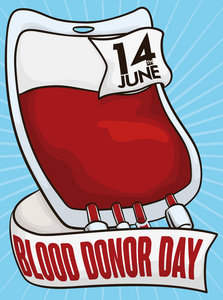 血容器和丝带为世界献血者日，矢量图