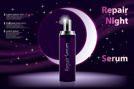 化妆品的保湿产品。明亮的紫罗兰色夜晚血清瓶上发光的元素与软景暗紫色背景。矢量 3d 图