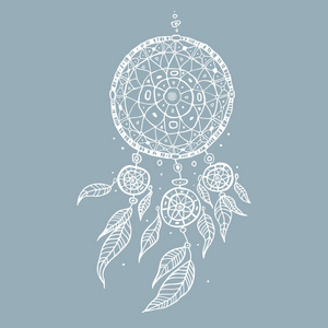 parren 矢量图捕梦网在灰色单色无缝图案捕梦网与羽毛说明关于捕梦网