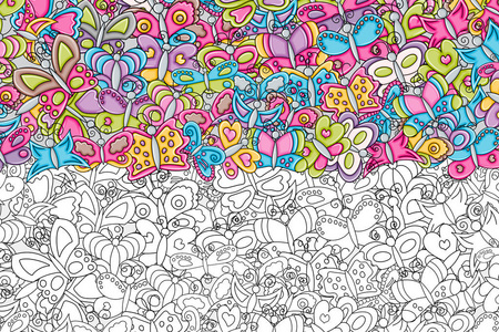3d 卡通蝴蝶夏天概念涂鸦背景设计。大纲的彩页