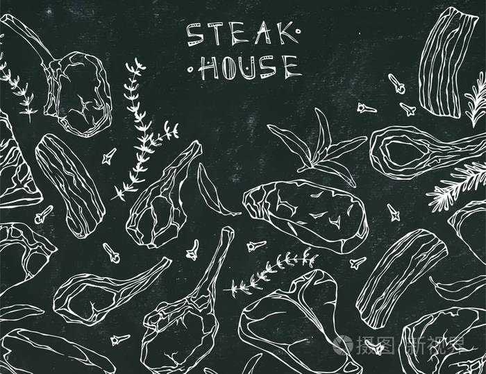 牛排, 羊肉, 猪肋排.上一个黑色的黑板背景孤立的矢量图.