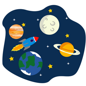 空间平面向量背景与宇航员 火箭 宇宙飞船 月球 行星和恒星。您的文本的空间