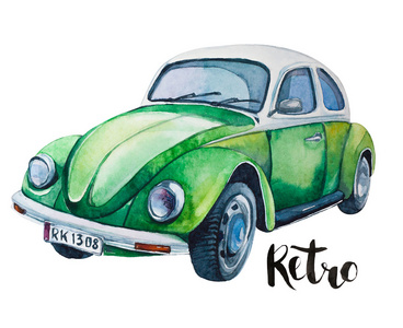 复古绿色汽车的水彩插图.甲壳虫设计照片
