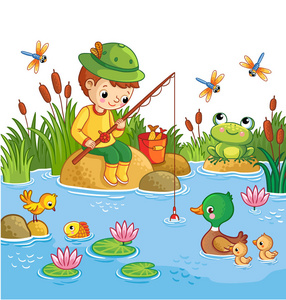 小男孩捉鱼照片