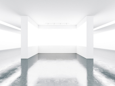 博物馆内部的白色屏幕。 3D渲染