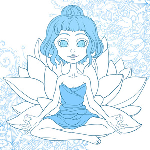 矢量手绘制的插图的可爱卡通女孩做瑜珈荷花的立场与蓝色背景