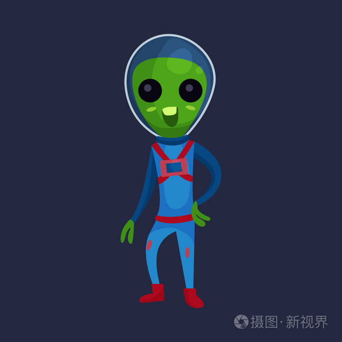 长着大眼睛,穿着蓝色的太空服,外星人的正面人物卡通矢量图