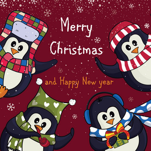圣诞贺卡与可爱的企鹅。矢量图