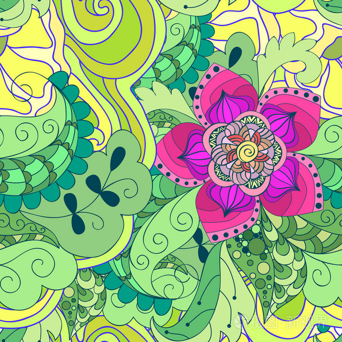 插画 无缝的设计模式.抽象朵紫色的花和绿色的树叶.手绘背景.