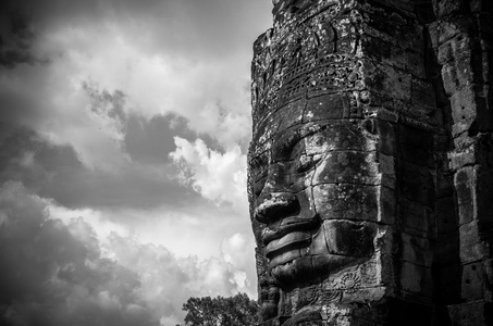 古代在吴哥巴戎寺的石头脸特写。柬埔寨，暹粒