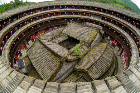 福建土楼的鸟瞰哈卡圆屋。