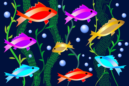 明亮的彩色的鱼类 水生植物与气泡的水族馆。水族店，或鱼餐厅的装饰画