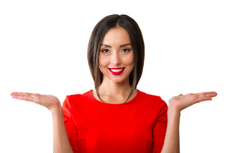 空的手掌惊讶的女人展示与副本的空间伸开双手手掌刺激照片