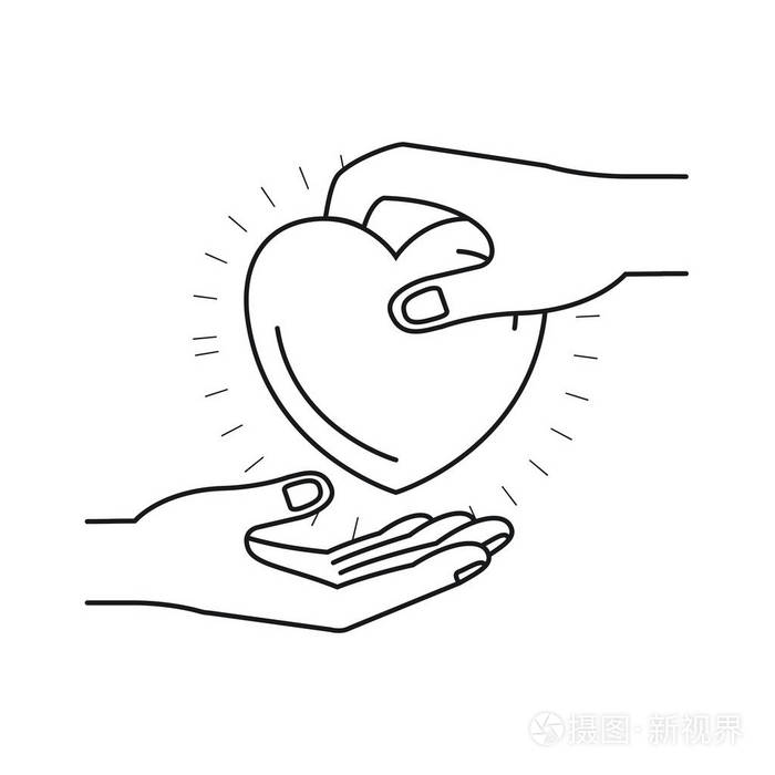 人手持心慈善象征存入另一只手的手掌轮廓侧视图