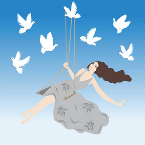 浪漫柔和的春风背景是白色的鸽子飞在蓝蓝的天空女人在一些项目都是