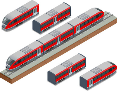 等距铁轨和现代高速火车矢量等距插画的快速列车。车辆设计来运送大量的乘客